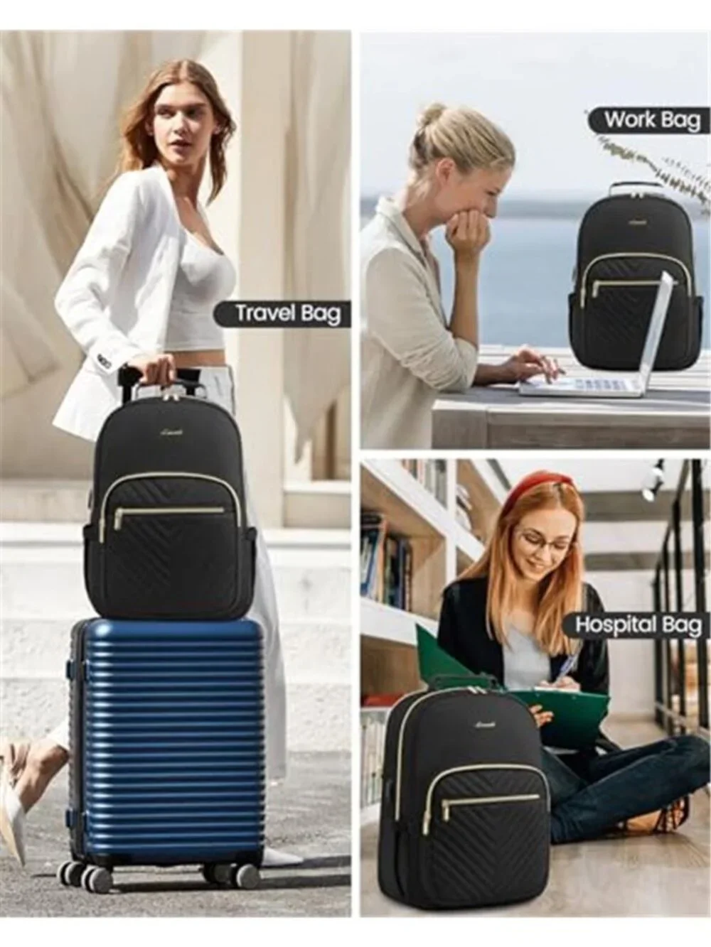 Women's 17 Inch Laptop Backpack Travel Work Business College USB Port Black Bags